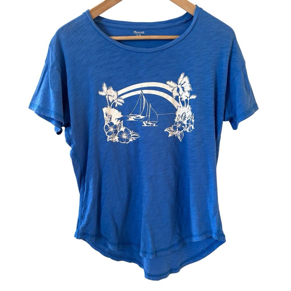 Madewell‎ Womens Tropical Crewneck Tee Blue Size Medium Ocean Travel Resort Soft